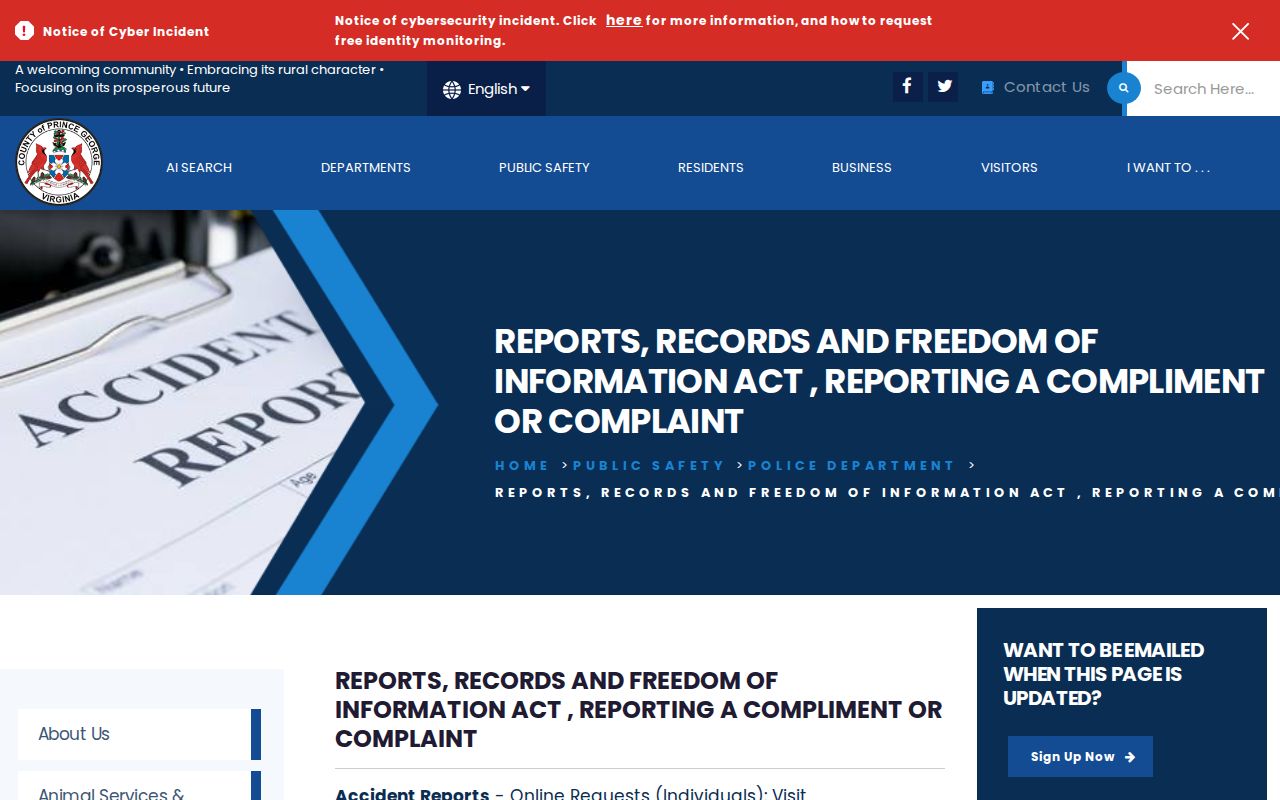 Prince George County arrest records page for police reports and FOIA requests