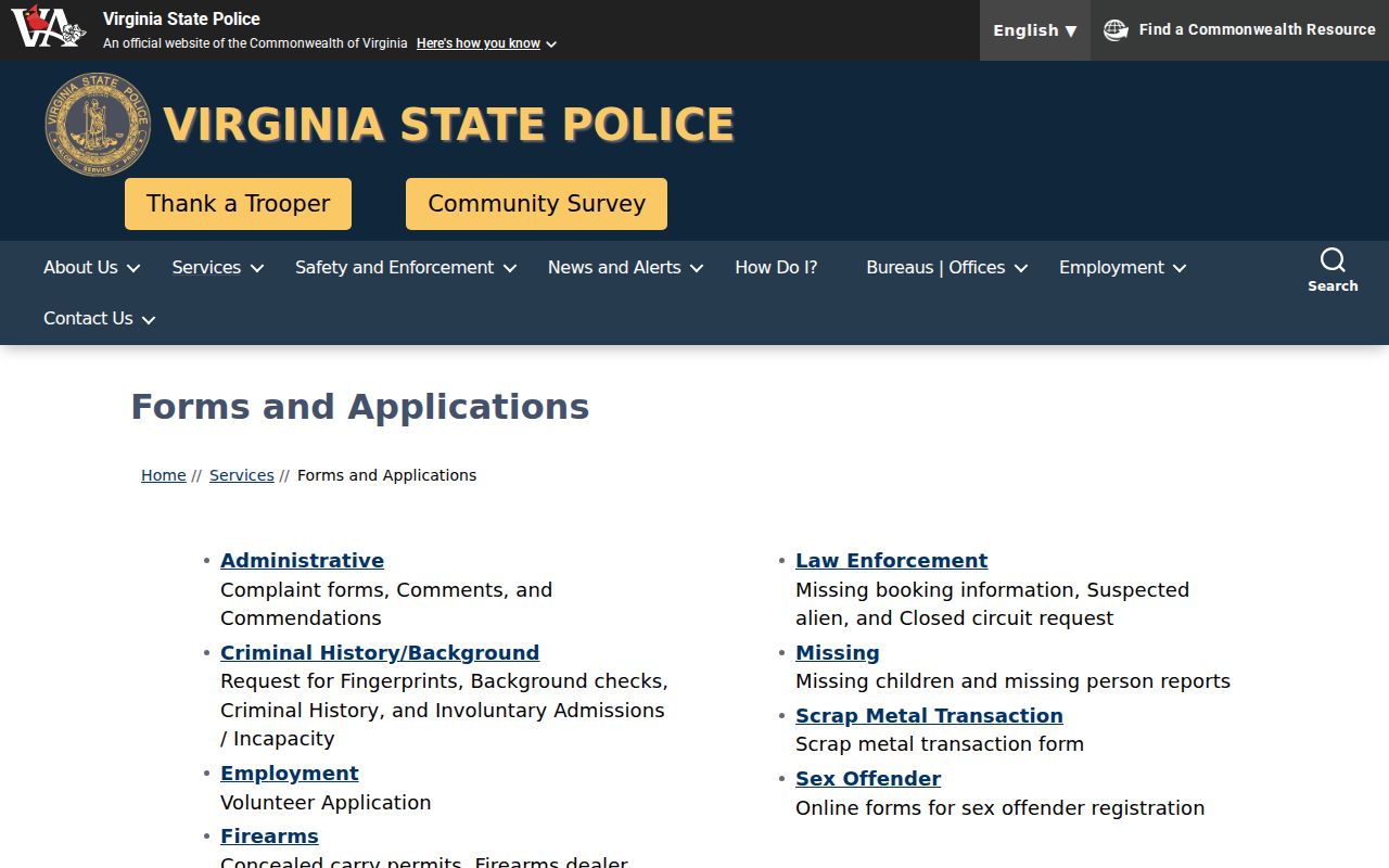 Prince George County sex offender registry alert forms from Virginia State Police